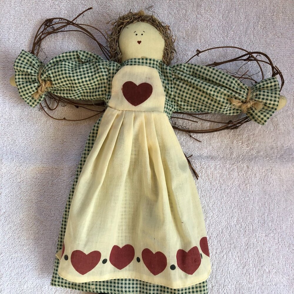 Terry's Village, vintage fabric country angel with grapevine wings, 15 inches